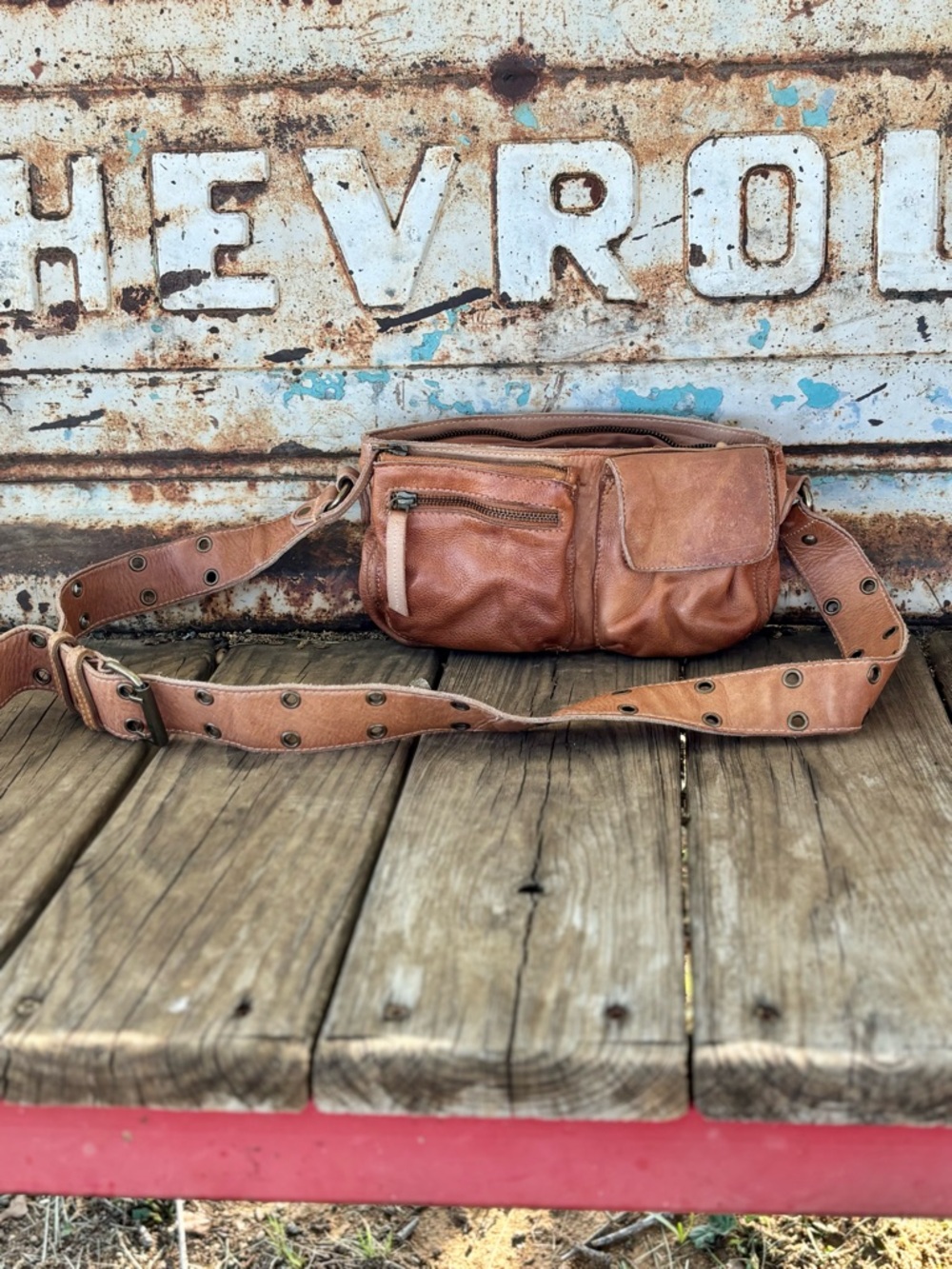 Free People Distressed Tan Leather Crossbody Belt Bag with Studded Strap
